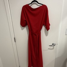 ZARA Maxi Dress Size XS Red Solid Boat Neck 3/4 Sleeve Tie Waist Long