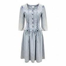 My Michelle Dress Womens 9/10 Blue Excellent Acid Wash Lace Up Pinstripe 80s USA