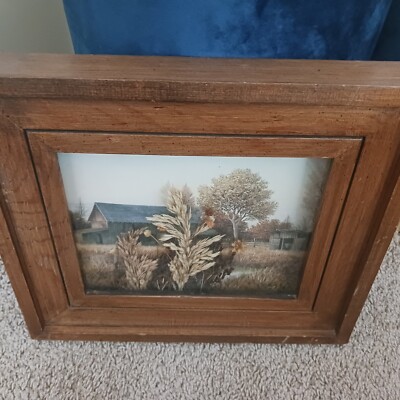 Vintage FIGI Giftware Farm Scene Print Shadow Box 14 X 15 Dryed Material Framed