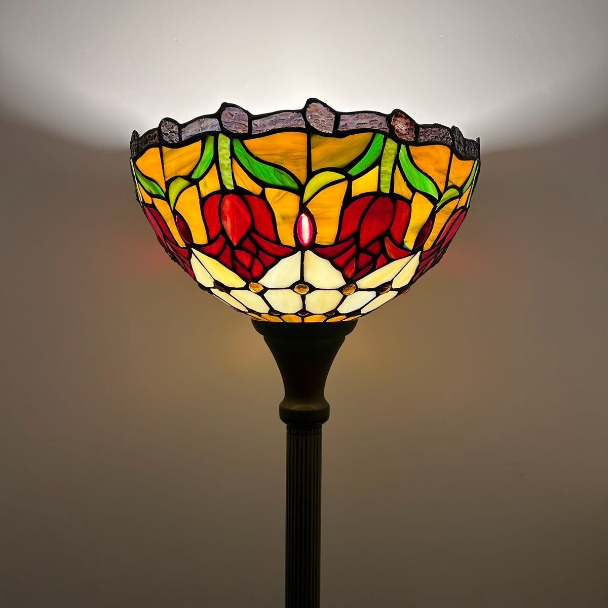 Tiffany Style Torch Floor Lamp Stained Glass Red Tulips LED