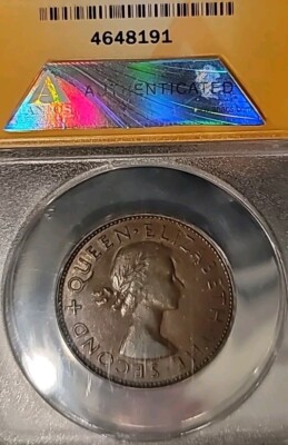 ニュージーランド発　大人気！hundred thousand New Zealand 1956 Penny, Rare No Should Strap Variety, ANACS 53 PQ