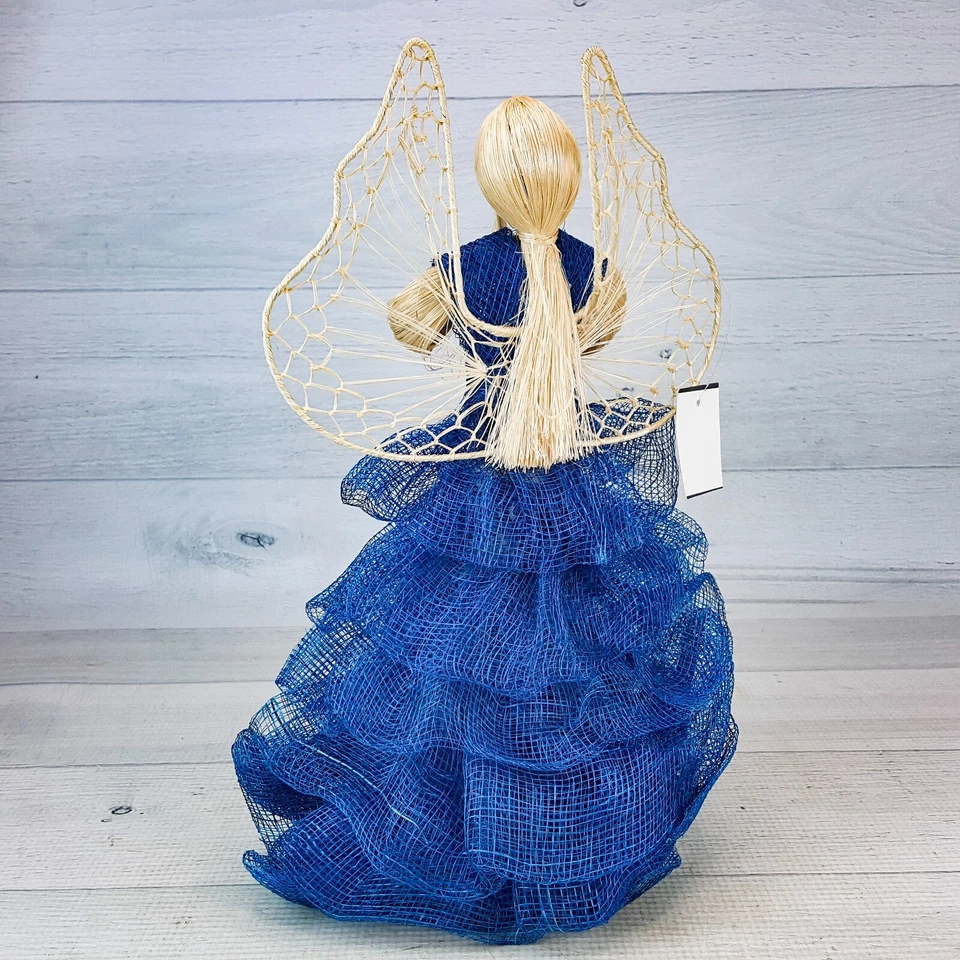 Handmade 12" Angel Tree Topper Blue Burlap Mesh Straw Wings Fairtrade Philip NEW - Image 3 of 4