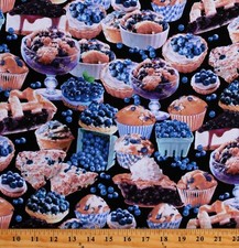 Cotton Blueberry Treats Blueberries Muffins Desserts Fabric Print BTY D569.70