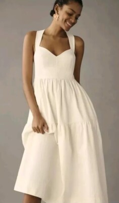 anthropologie white denim dress Anthropologie Forever That Girl White Denim Sweetheart Dress Med Bnwt Fault  Zip