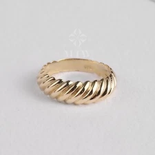14K Solid Gold Twist Ring, Croissant Dome Ring, Statement Ring, Round Line Ring