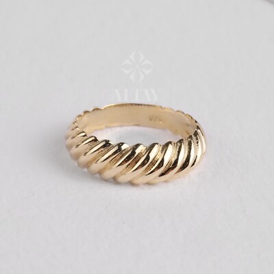 14K massiv Gold Twist Ring, Croissant Kuppelring, Statement Ring, Round Line Ring