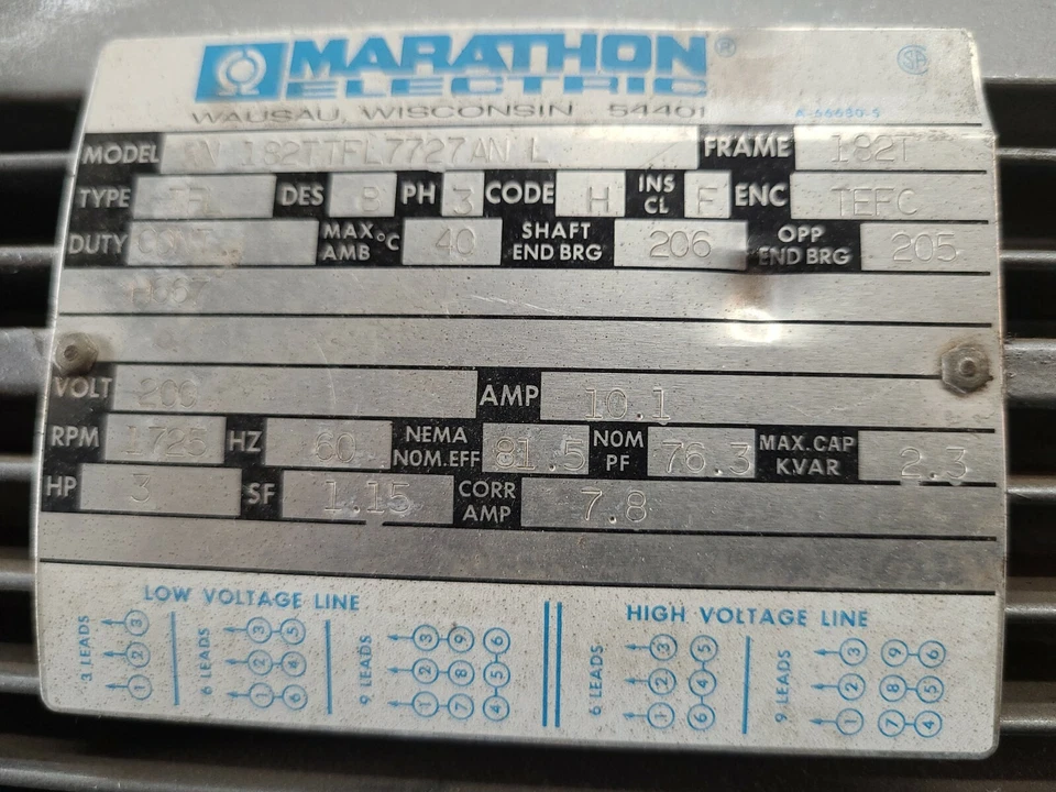 Marathon Ele Motor, TEFC,  3ph, Frame 182T And, 200 Volts only! WN182TTFL7727ANL - Image 3 of 4