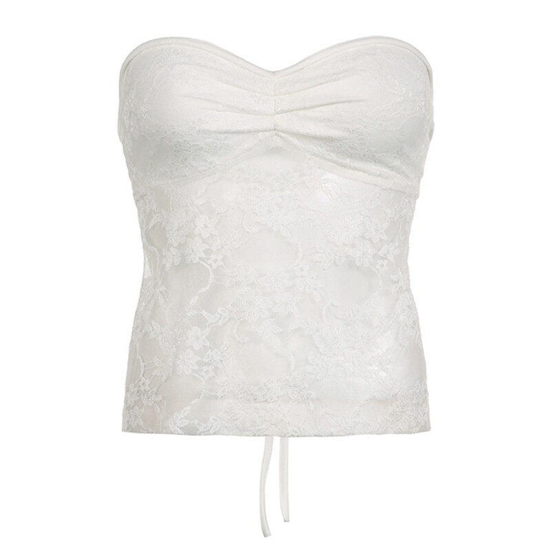 Women Strapless Bandages Back Crop Tube Top Ruched Chest Bodycon