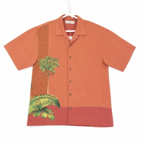 Tommy Bahama Silk Shirt Mens Medium Orange Palm Tree Hawaiian Beach Button-Up