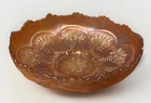 Fenton Marigold Carnival Glass Vintage Peacock & Grapes Ruffle Bowl Retro Peach
