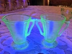 Set Anchor Hocking Green Block Optic Uranium Glass Creamer & Sugar