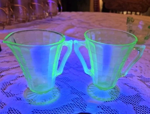 Set Anchor Hocking Green Block Optic Uranium Glass Creamer & Sugar