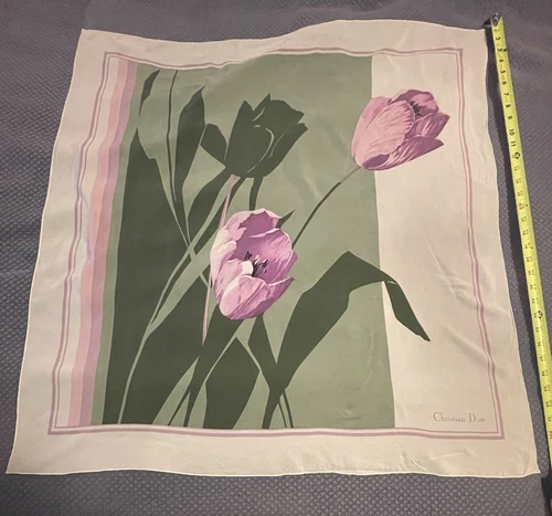 Foulard tulipe en soie Christian Dior vintage floral 34x33 CD
