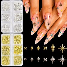 2Boxes/24Grids 3D Star Nail Charms Gold Silver Multi Shapes Metallic Star Nai...