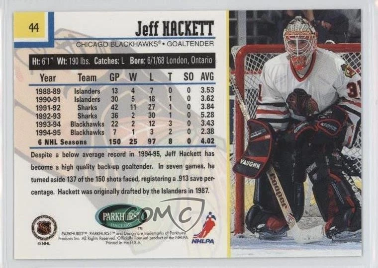 1995-96 Parkhurst International Emerald Ice Jeff Hackett #44 - Image 2 of 2