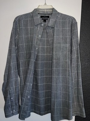 Marc Anthony Slim Fit Gray White Check Button-Up Shirt Long Sleeve Size L
