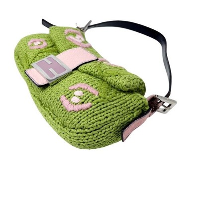 FENDI Vintage FF Mamma Baguette Crochet Shoulder Bag Flower Green