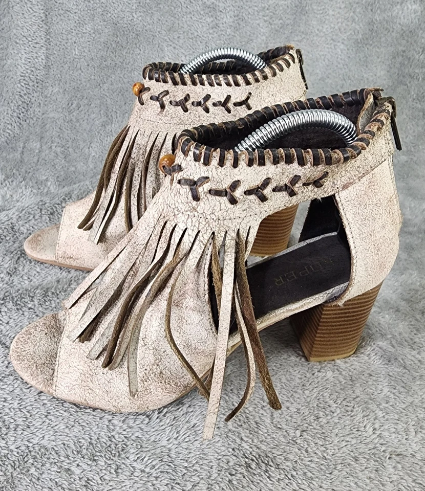 Roper Shoes Womens Size 9 Beige Fringe Peep Toe Booties Western Heeled Suede - Image 2 of 4