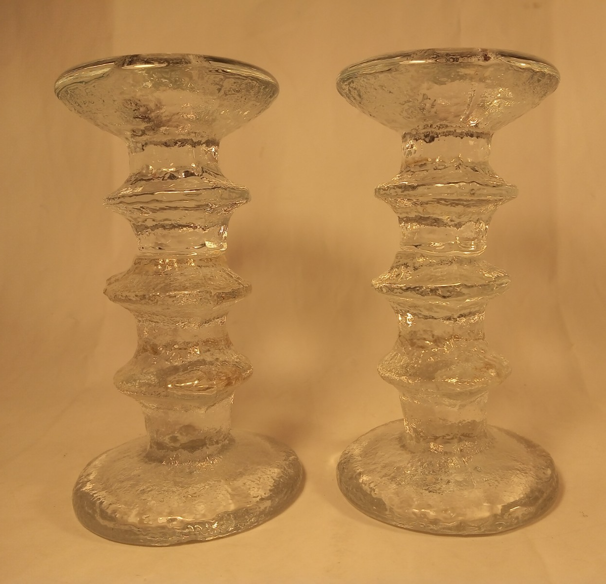 Pair Iittala Festivo Art Glass Candle Holders 3-Ring Mid Century