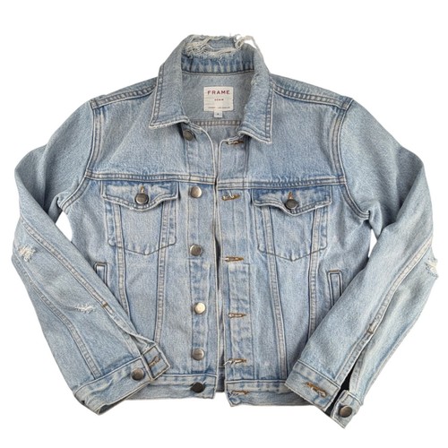 FRAME Denim Womens Light Wash Distressed Raw Edge Denim Trucker Jacket Small