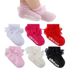 Baby Girl Ruffle Socks with Grips Turn Cuff Ankle Lace Frilly Dress Socks for...
