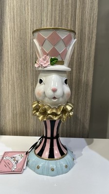 NWT Tophat & Tail Mad Hatter Rabbit Pedestal Candle Holder 12'' Tall Easter Bunny
