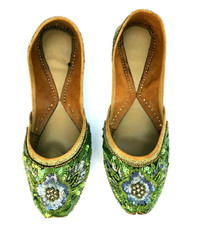 Vintage Handmade India Green Sequin Flower Leather slip on slippers sz L 10-11