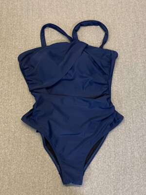 Cupshe One Piece Swimsuit Women size Medium Blue Side Shirred Halter Tie Back