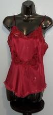 VTG Teddy Playsuit Romper Red Nylon Sheer Lace Ruffle 34 Med USA Maidenform