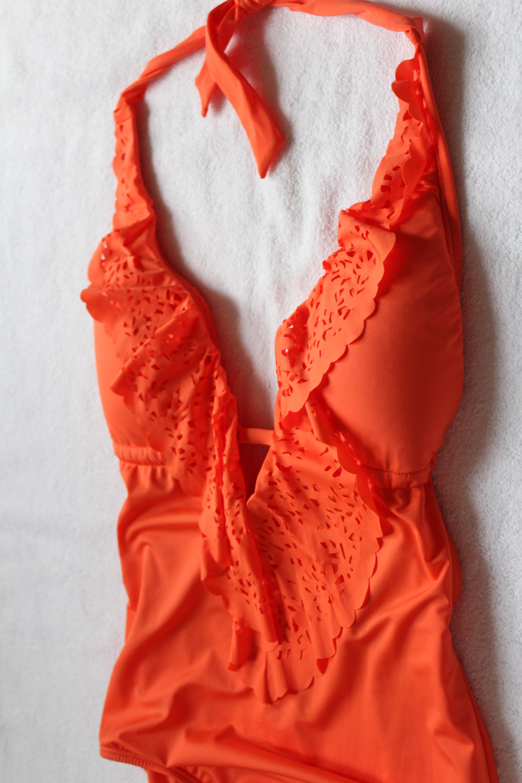 NWT Laundry by Shelli Segal Papaya Orange Halter Laser Cut Swim Suit S