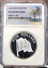 1981 BAHAMAS SILVER 5 DOLLARS FLAG NGC PF 69 ULTRA CAMEO RARE TOP POP