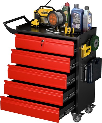 Metal Rolling Tool Chest with 5 Drawers and 4 Hooks,Tool Storage Cabinet