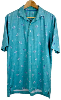 Johnnie O Polo Shirt Men's M Blue Floral Mosaic Golf Stretch Performance