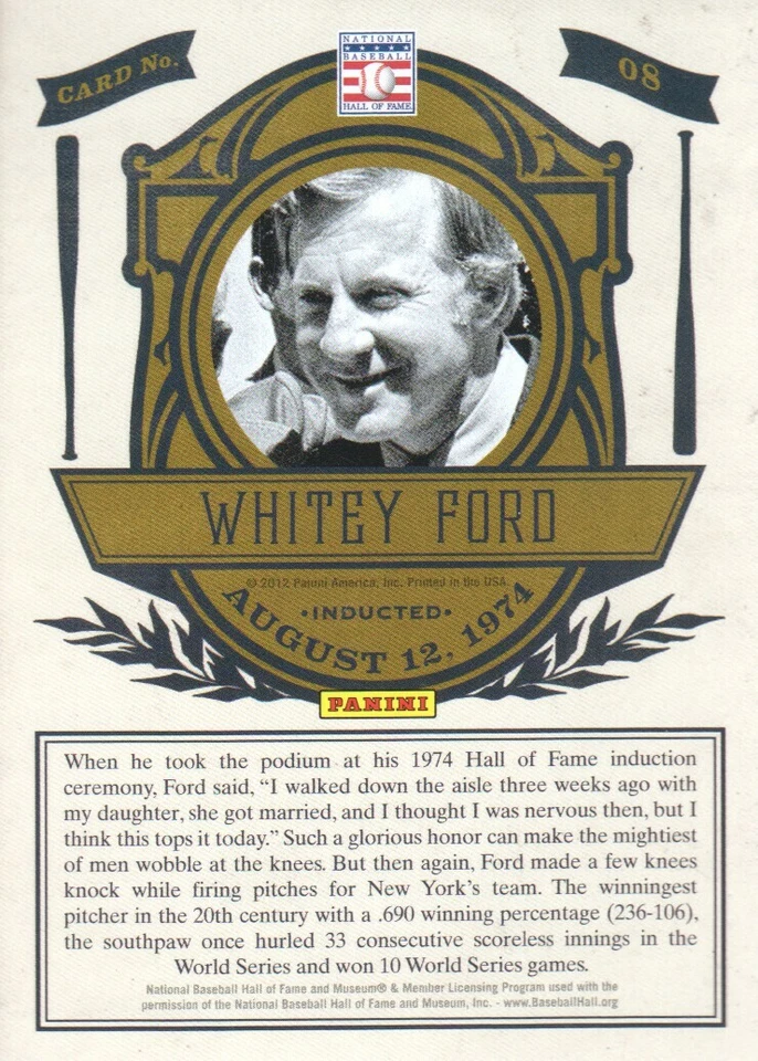 Whitey Ford 2012 Panini Cooperstown Induction #8 HIGH GRADE - Image 2 of 2
