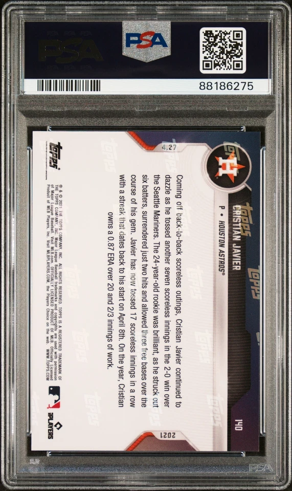 2021 Topps Now #140 Cristian Javier PSA 10 Astros RC 17 Inning Scoreless Streak - Image 2 of 2
