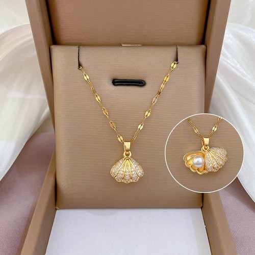 Collana con ciondolo catena conchiglia oro lusso diamante-accento gioielli velluto regalo - Foto 3 di 13