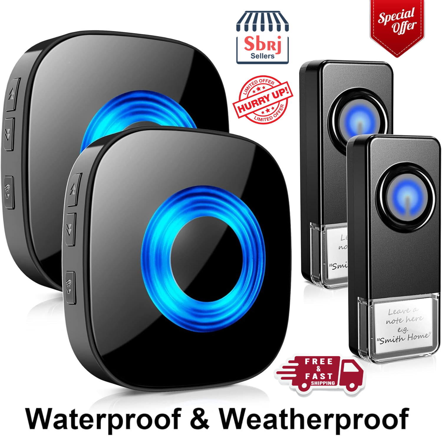 Wireless Doorbell Kit with 2 Receivers and 2 Waterproof Push Buttons for Easy Operation-image