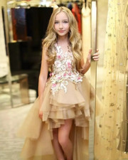 High Low Length Champagne Gold Girls Pageant 3D Appliques Lace Dresses