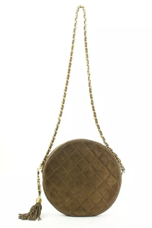 chanel Brown Quilted Suede Fringe Tassle Round Clutch with Chain Bag  16ccs120