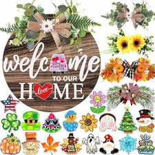 Interchangeable Welcome Sign for Front Door with 4 Seasonal Wreaths and 21 Chang