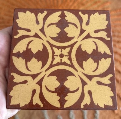 4.25  Antique The Campbell Brick Tile Co Encaustic Floral Art Pottery Tile