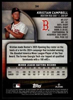 Kristian Campbell 2025 Stadium Club #34 RC Boston Red Sox | eBay