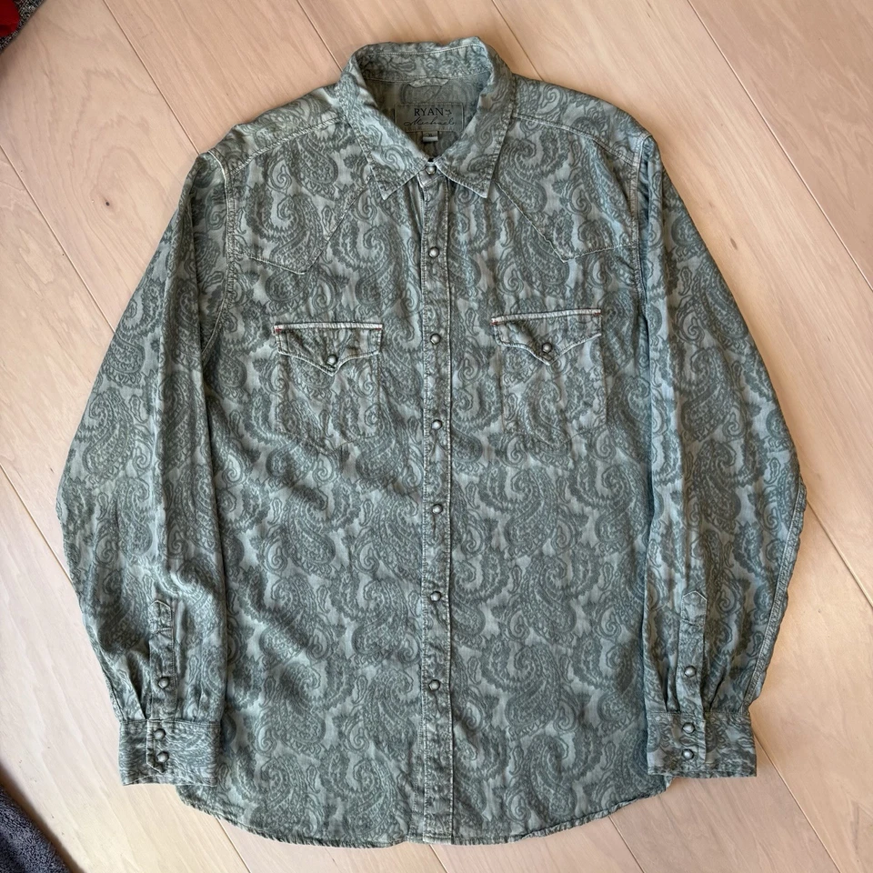 Camisa a Presión Ryan Michael Perla de Seda XL Verde Paisley Western Vaquero Abotonado Foto 2 de 4