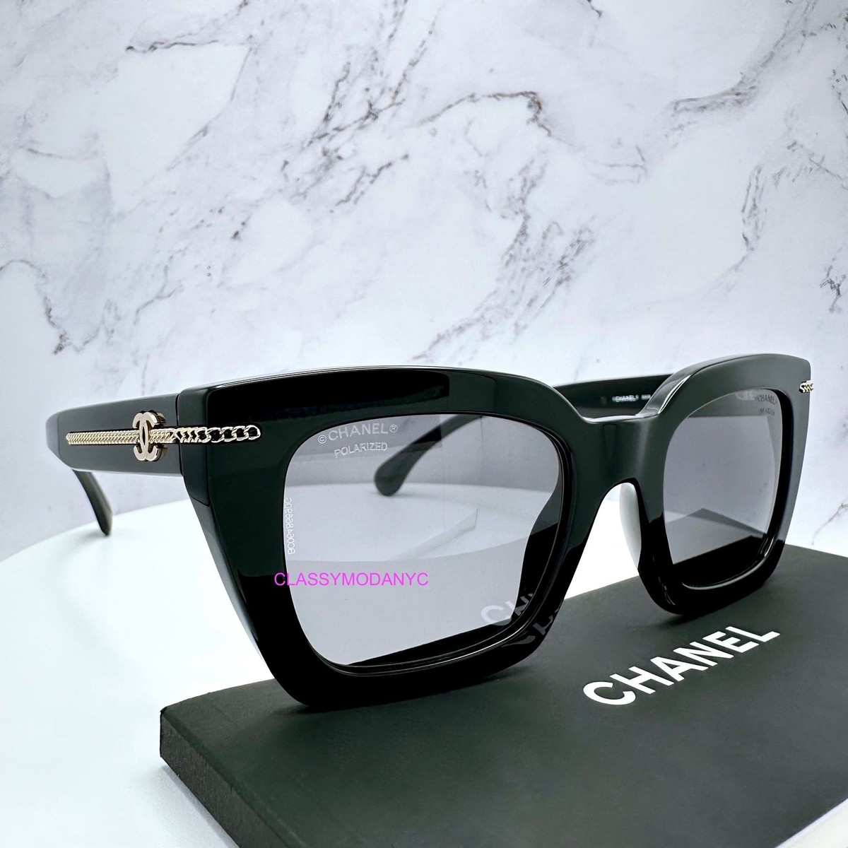正規品CHANEL ブラック サングラス ゴールドロゴ New CHANEL Sunglasses Black Square Gold Chain CC Logo