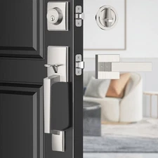 Nickel Modern Door Lock Set - Reversible Left&Right Lever with Satin Exterior...