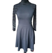 Express Women's XS Black Fit & Flare Skater Mini Dress With Dotted Mesh Sleeves