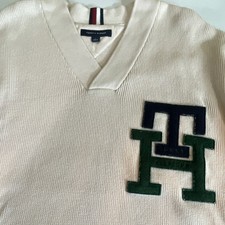 Tommy Hilfiger Men's Ivory V-Neck Tight-Knit Pullover Sweater Logo Embroidered M