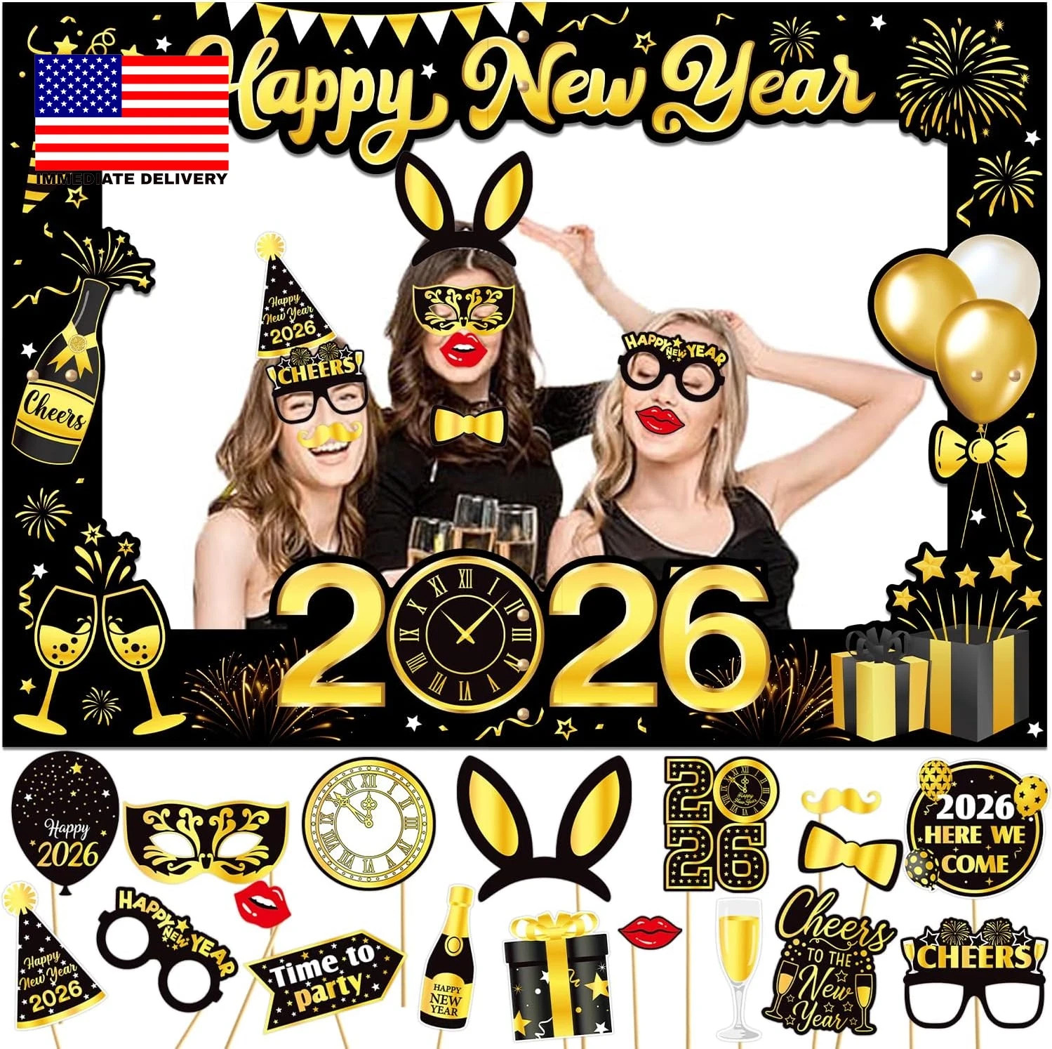 New Years Eve Decorations 2026, Giant Happy New Year Selfie Frame, 18Pcs New Yea