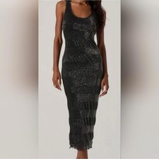 ASTR The Label Pleated Lurex Sleeveless Midi Dress Size Medium Black Silver NWOT