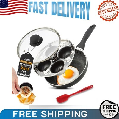 2 in 1 egg pan & poacher, nonstick granite skillet with lid, 4 cups